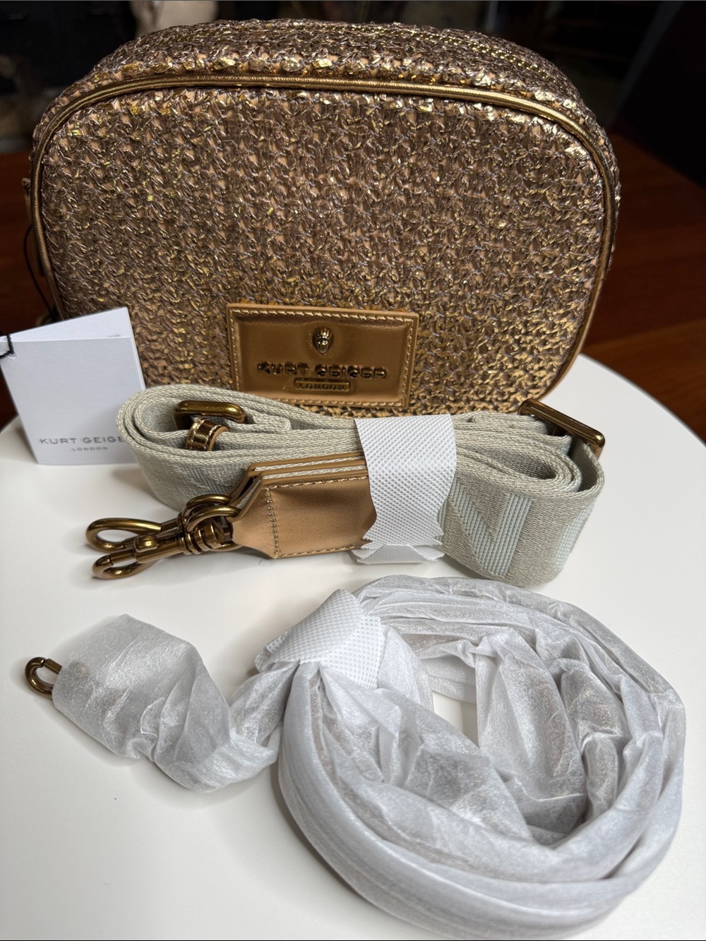 NWT Kurt Geiger Antiqued Gold Faux Camera Bag Guitar Strap + Chain Strap
